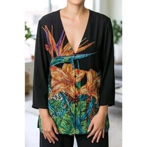 VTG Diane Gilman Silk Top L Sequin Tropical Flowers Cheetah Print 90s Maximalist